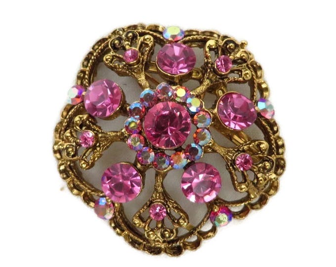 Pink Rhinestone Brooch, Mid Century Pin, Vintage Weiss Pink Rhinestone Brooch, AB Rhinestone Gold Tone Signed Designer Pin Pink Rhinestone Brooch, Mid Century Pin, Vintage Weiss Pink Rhinestone Brooch, AB Rhinestone Gold Tone Signed Designer Pin
