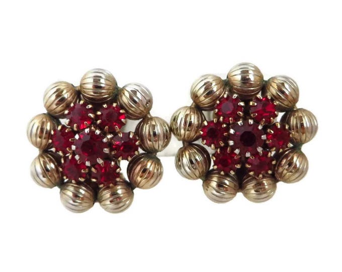 Rhinestone Earrings, Ruby Red Earrings, Weiss Earrings, Vintage Gold Tone Flower Signed Designer Clip-on Earrings