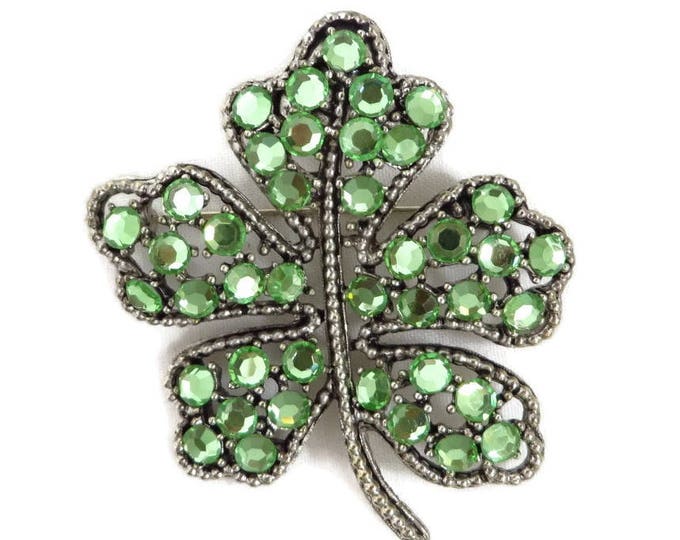 Rhinestone Shamrock Brooch - Vintage Weiss Emerald Green Rhinestone Silver Tone Brooch, Gift idea, Gift Box
