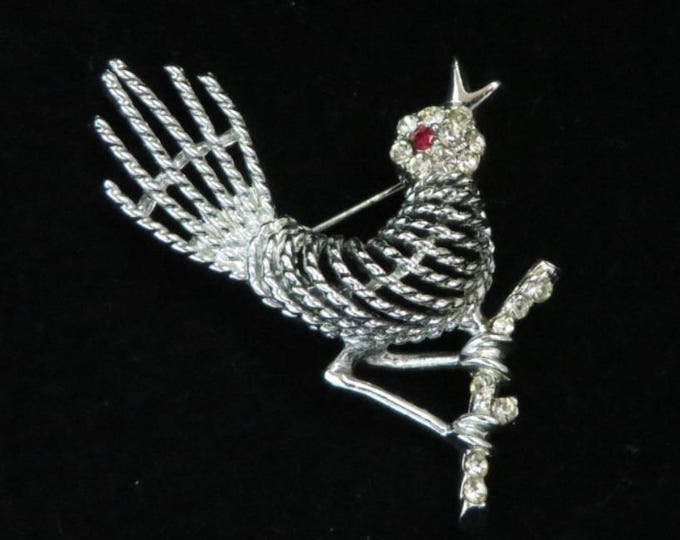 Vintage BSK Bird Brooch, Silver Tone Rhinestone Bird on a Branch, Signed BSK Pin