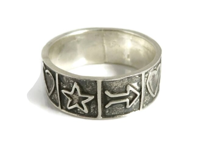 Vintage Mexican Silver Wide Band Ring, 925 Sterling Silver Love Heart Ring, Unisex Ring, Size 10