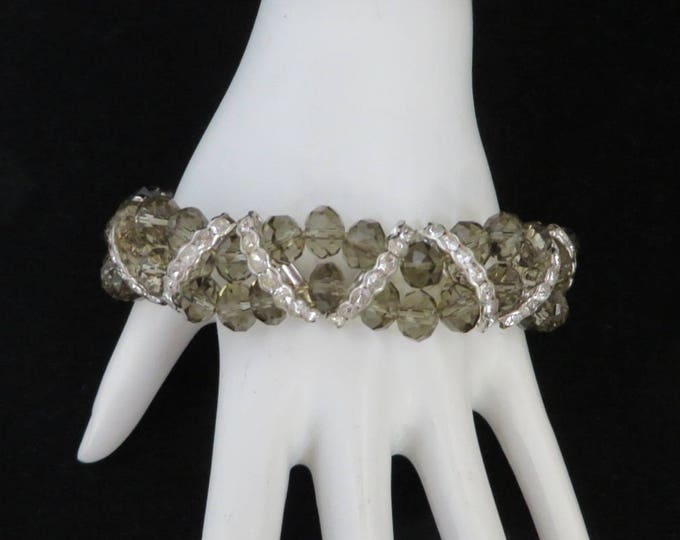 Vintage Smoky Gray Stretch Bracelet, Rhinestone Bracelet, Gray Beaded Bangle