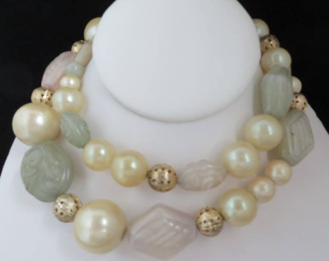 Chunky Necklace, Beaded Necklace, Faux Pearl & Lucite, Vintage Boho Green, Lavender, White Necklace, Gift For Her
