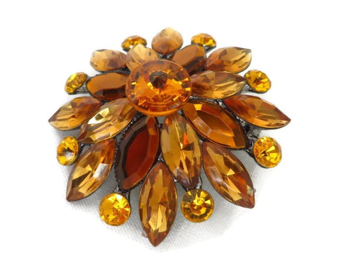 Vintage Brooch - Orange Rhinestone Brooch, Plastic Flower Retro Pin, Perfect Gift