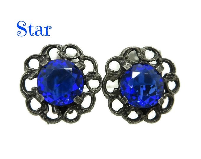 Blue Rhinestone Earrings, Signed Designer Flower Clip-ons, Vintage Star Jewelry, Valentine's Day Gift