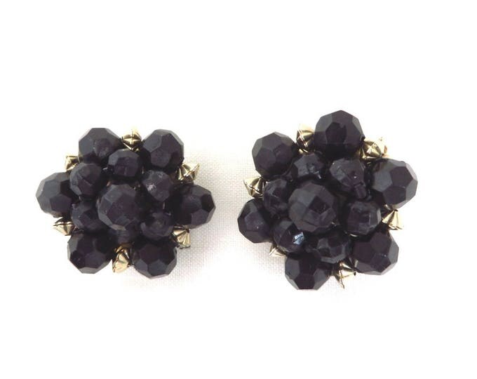 Cluster Bead Earrings - Vintage Hong Kong Black Beaded Earrings, Gold Tone Clip-ons, 60s Jewelry, Gift for Her, Gift Boxed Cluster Bead Earrings - Vintage Hong Kong Black Beaded Earrings, Gold Tone Clip-ons, 60s Jewelry, Gift for Her, Gift Boxed