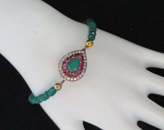 Vintage Emerald Bead Bracelet, Sterling Silver Faux Emerald and Ruby Stretch Beaded Bracelet, Valentine Gift, Gift Boxed