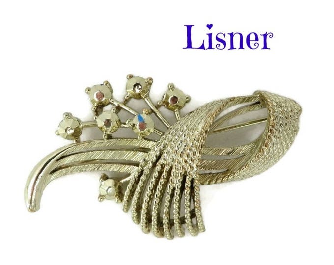 Lisner Brooch, Gold Tone Rhinestone Brooch, Vintage Flowering Leaf Pin, Gift for Her