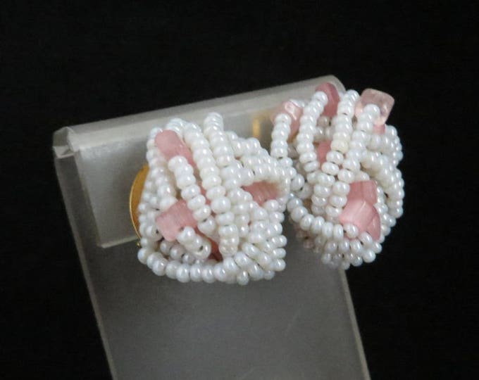 Italian White Bead Earrings - Vintage White & Pink Beaded Clip-on Earrings, Made in Italy, Gift for Her, Gift Boxed