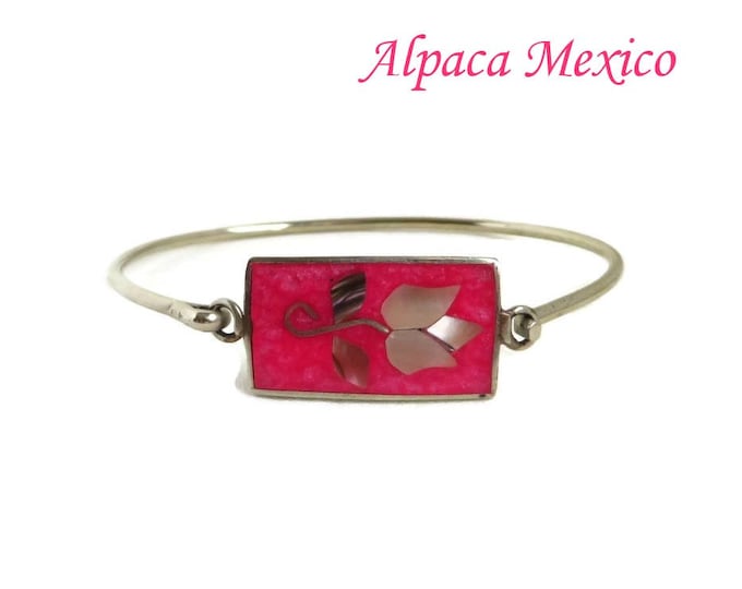 Vintage Mexican Bracelet - Alpaca Hinged Bangle, Mother of Pearl Flower Bracelet