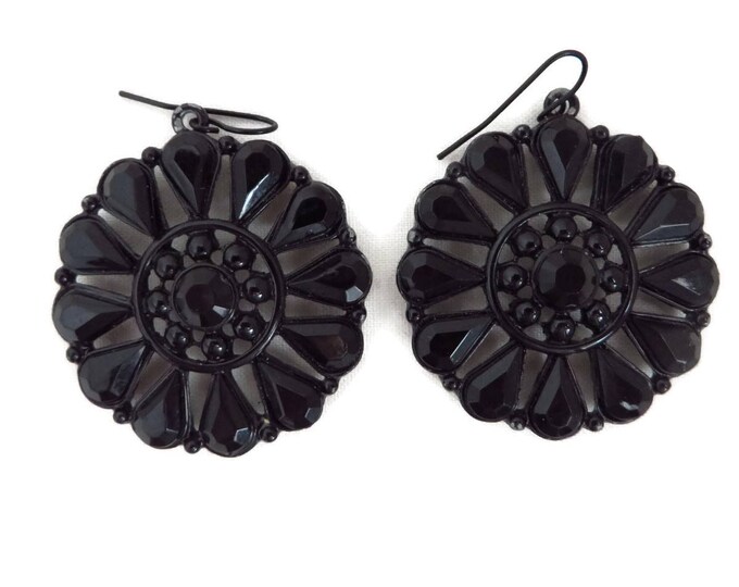 Black Bead Necklace, Earrings - Vintage Faceted Bead Necklace, Bead and Glass Pinwheel Pierced Dangle Earrings, Jet Jewelry Set Black Bead Necklace, Earrings - Vintage Faceted Bead Necklace, Bead and Glass Pinwheel Pierced Dangle Earrings, Jet Jewelry Set