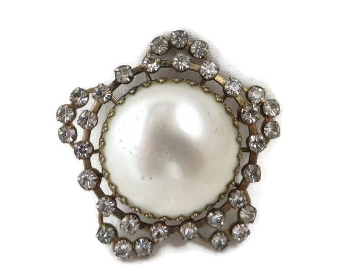 Vintage Faux Pearl Silver Tone Rhinestone Brooch