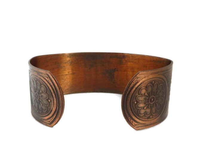 Vintage Solid Copper Cuff, 1970s Flower Design Bracelet