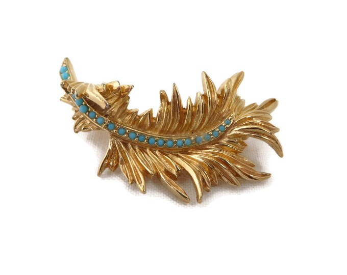 Ciner Gold Tone Leaf Brooch, Vintage Turquoise Beaded Curly Leaf Pin, Signed Designer Gift for Her