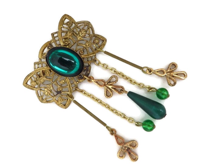 Dangling Bead Pin, Vintage Gold & Green Dangling Bead Brooch, Mid-Century Gold Tone Filigree Pin