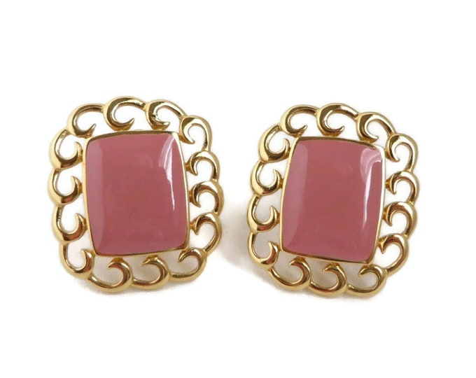 Monet Pink Gold Tone Earrings, Vintage 1970s Dusty Rose Clip-on Earrings