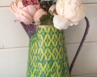 Galvanised metal pitcher jug, decorative flower vase handfinished decoupage style shabby chic home decor