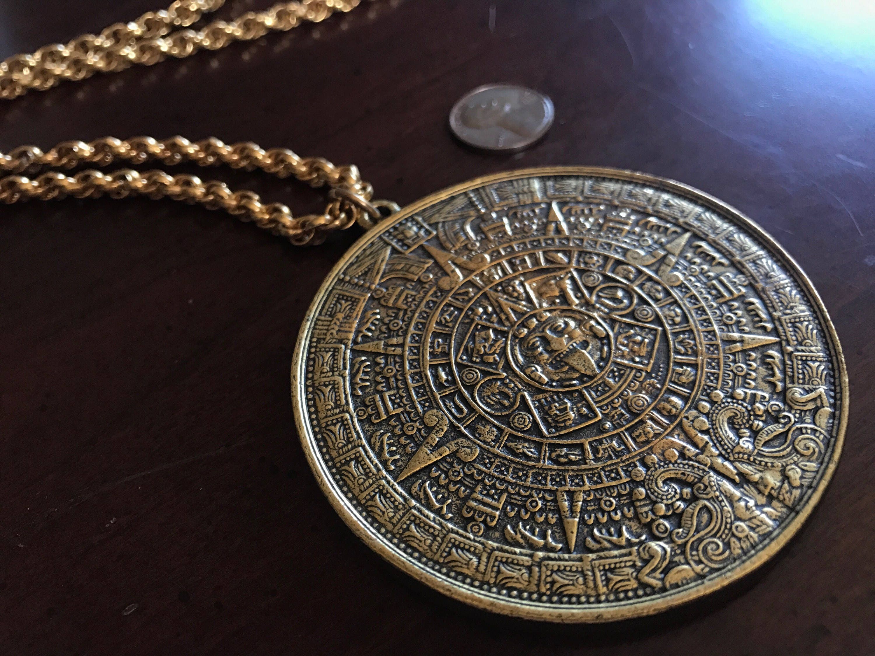 Gold Aztec Calendar Stone Sun Disk Medallion Necklace