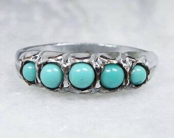 Vintage / Silver Tone 5 Turquoise Glass Cabochon Stacking Ring / Size L