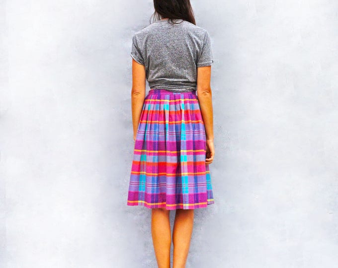 High Waisted Skirt, Vintage Check Skirt, Pink Tartan Skirt, Pleated Check Skirt, Cotton Skirt, Midi Skirt, Vintage 70s Skirt, Knee Length