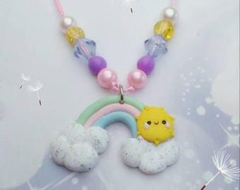 Girls Kawaii necklace, beaded necklace, pastel rainbow, cloud,sun, for girls, for her, fun accessory, any occasion gift