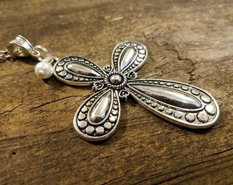 Cross Necklace, Large Silver Cross Necklace, Pendant Necklace, Silver Necklace, Boho Necklace