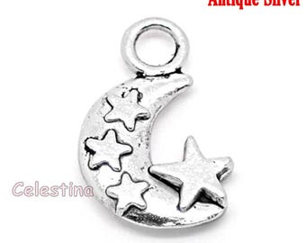 10 Antique Silver Crescent Moon & Stars Charms LF NF CF - Half Moon Charms - Moon Beads - 12mmm x 20mm Double Sided TS95