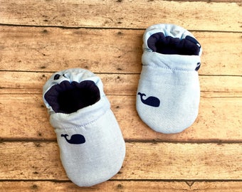Blue Sea Whales Baby Moccasins - Baby & Toddler Crib Shoes - Whale Soft Sole Booties - Nautical Gender Neutral Baby Shoe - Unisex ShowerGift