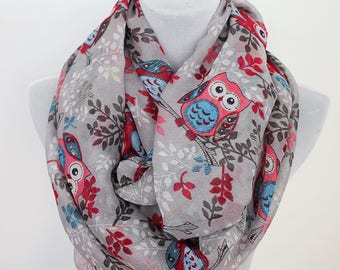 gray owl scarf, owl infinity scarf, scarf, infinity scarf, fall scarf, loop scarf, winter scarf, Christmas gift, for her, autumn scarf