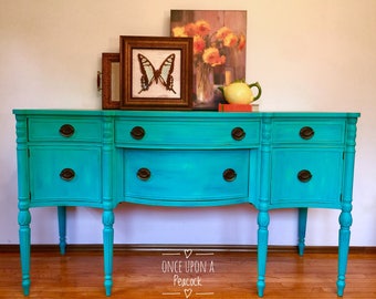 Meet Delilah ~ A Beautiful Buffet / Sideboard / Teal / Turquoise / Green / Ocean/ Beach / Real Wood / Refinished /
