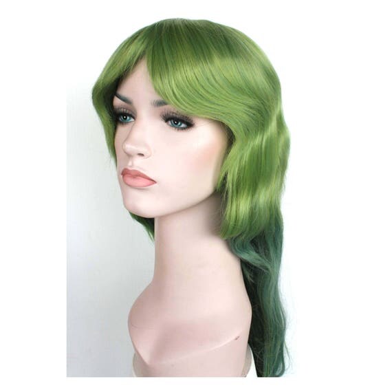 Super Long Green wavy ombre wig. Seagreen olivegreen hair.
