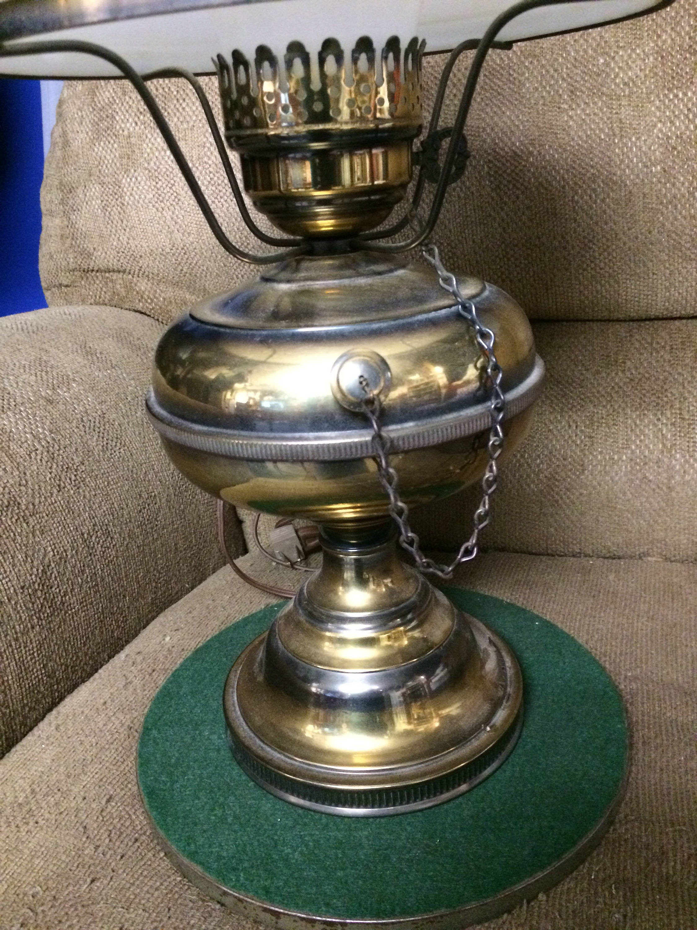 Vintage Brass Tone Electric Hurricane Lamp Table Lamp with a Milk Glass