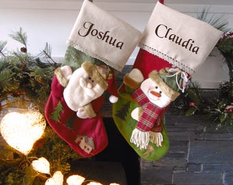 Burlap Snowman Personalised Christmas Stockings - embroidered with any name