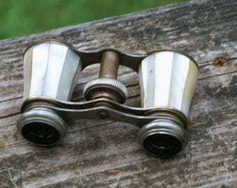 Antique Chevalier Opera Glasses with a Brass and Metal Frame with Mother-Of-Pearl