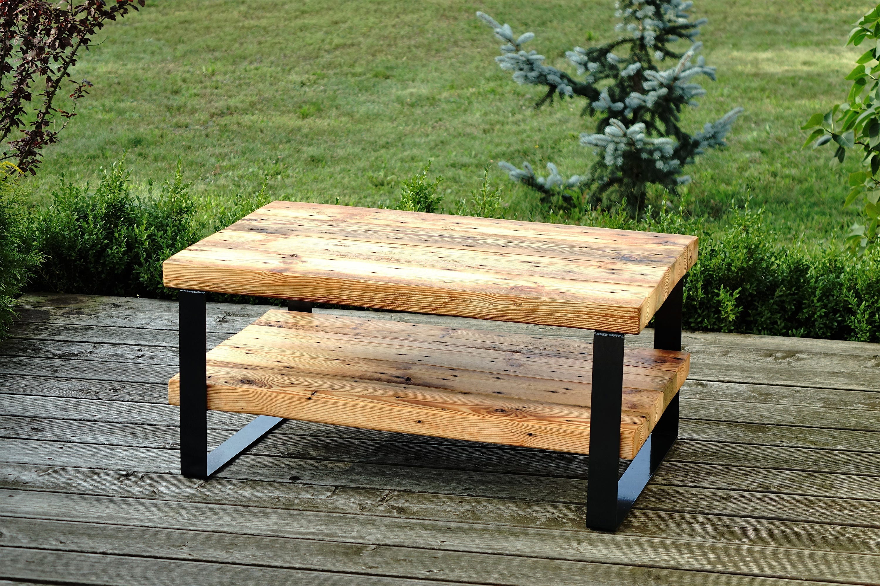 Reclaimed wood beam coffee table with shelf , 2 level coffee table