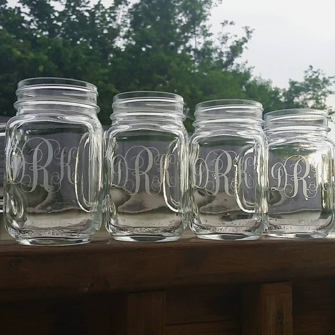 Custom Etched Monogram Mason Jar Mug