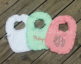 Monogrammed Bibs- Set of 3 Monogrammed Bibs with Ruffles, Cotton Bibs with monogram