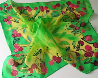 Painted cherries Silk scarf Hand painted square scarf Cherry silks scarf Summer Red Cherries Unique design Gift for her Women accessory
