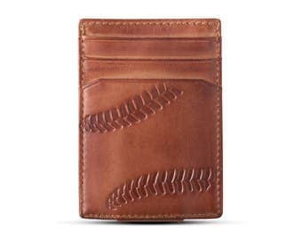 BASEBALL MAGNETIC Front Pocket Wallet • BROWN • Money Clip Wallet • Mens Leather Wallet • Multi-Card Functionality • Coaches Gift