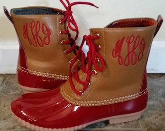 Monogrammed Maroon Duck Boots, Maroon Duck Booties, Personalized Duck Boots, Size 9