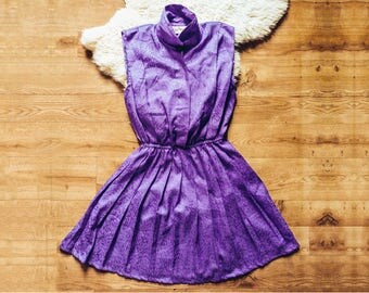Purple Sundress, Purple Summer Dress, Vintage Dress, Purple Dress, 80s Mini Dress, Pleat Skirt Dress, Sleeveless Dress, Small Medium Dress
