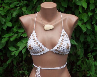 Crochet Bikini Top, White Gold Bikini Top, Beachwear Summer Trends, Women Bikini Top, Crochet white sexy bikini
