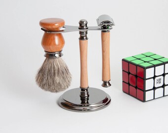 Handmade Shaving Set Gun Metal and Cherry, Safety Razor Kit, Safety Razor Set, Safety, Razor Stand,