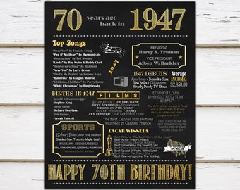 Printable 70th Birthday Chalkboard Sign, Back in 1947, Birthday Gift, Birthday Poster, 1947 Poster, Digital, Download, Sign, MB206