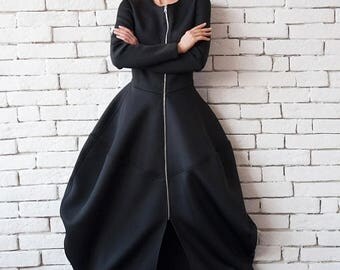 SALE Black Neoprene Dress/Extravagant Long Coat/Asymmetric Maxi Dress/Victorian Style Dress/Long Sleeve Black Dress/Long Zipper Tunic/Maxi C