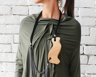 ON SALE Extravagant Chain Necklace/Wood and Genuine Leather Accessory/Statement Necklace/Urban Style Jewelry/Long Black Necklace/Casual Pend
