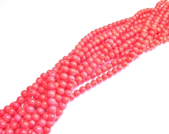 30 ROUND 6 MM BRIGHT CORAL PINK COLOR GLASS BEADS