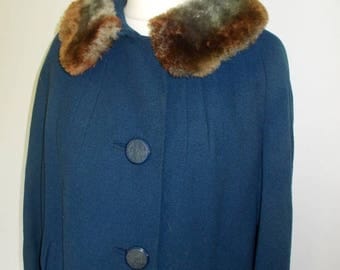 summer sale Vintage coat navy 50s faux fur collar Eastex wool coat size large