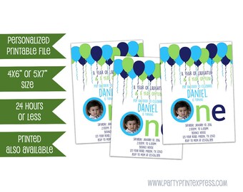Printable 1st Birthday Invitation Boy - Balloon Blue Lime Green Photo 1st Birthday Invite - Balloon Birthday Invitation - Party Balloons ONE