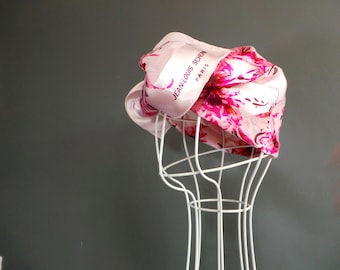 Large Pink Floral Square Headscarf. Jean-Louis Scherrer Vintage pink scarf with stripes .